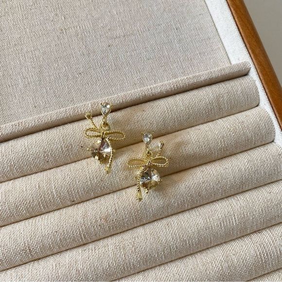 3/$20 Gold Rhinestone Bow Earrings - Picture 4 of 6